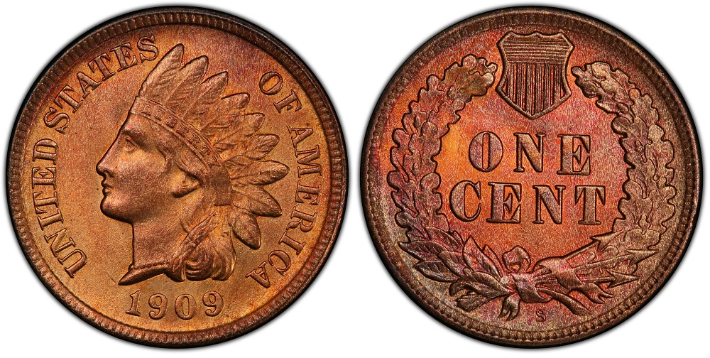 Side-by-side comparison of 1909 Philadelphia (no mint mark) and 1909-S Indian Head penny reverses showing mint mark location