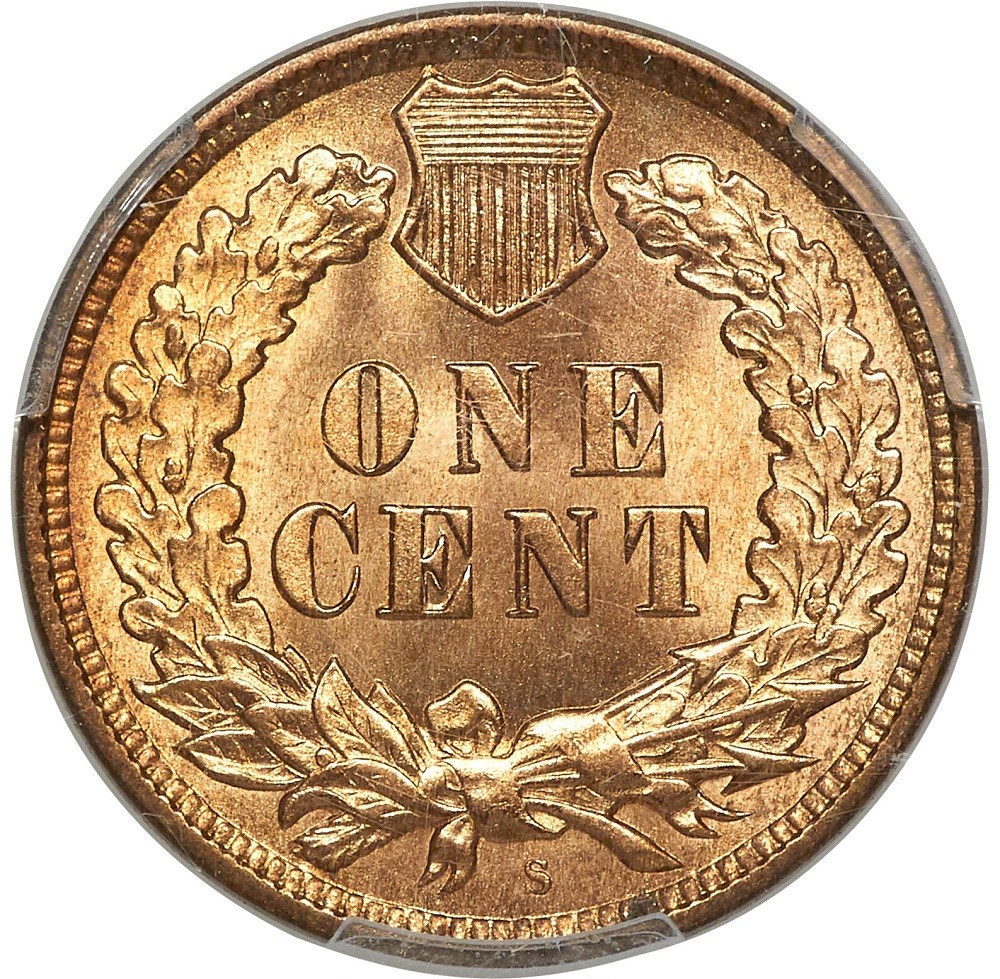 1909-S Indian Head penny reverse close-up showing the S mint mark below the wreath bow