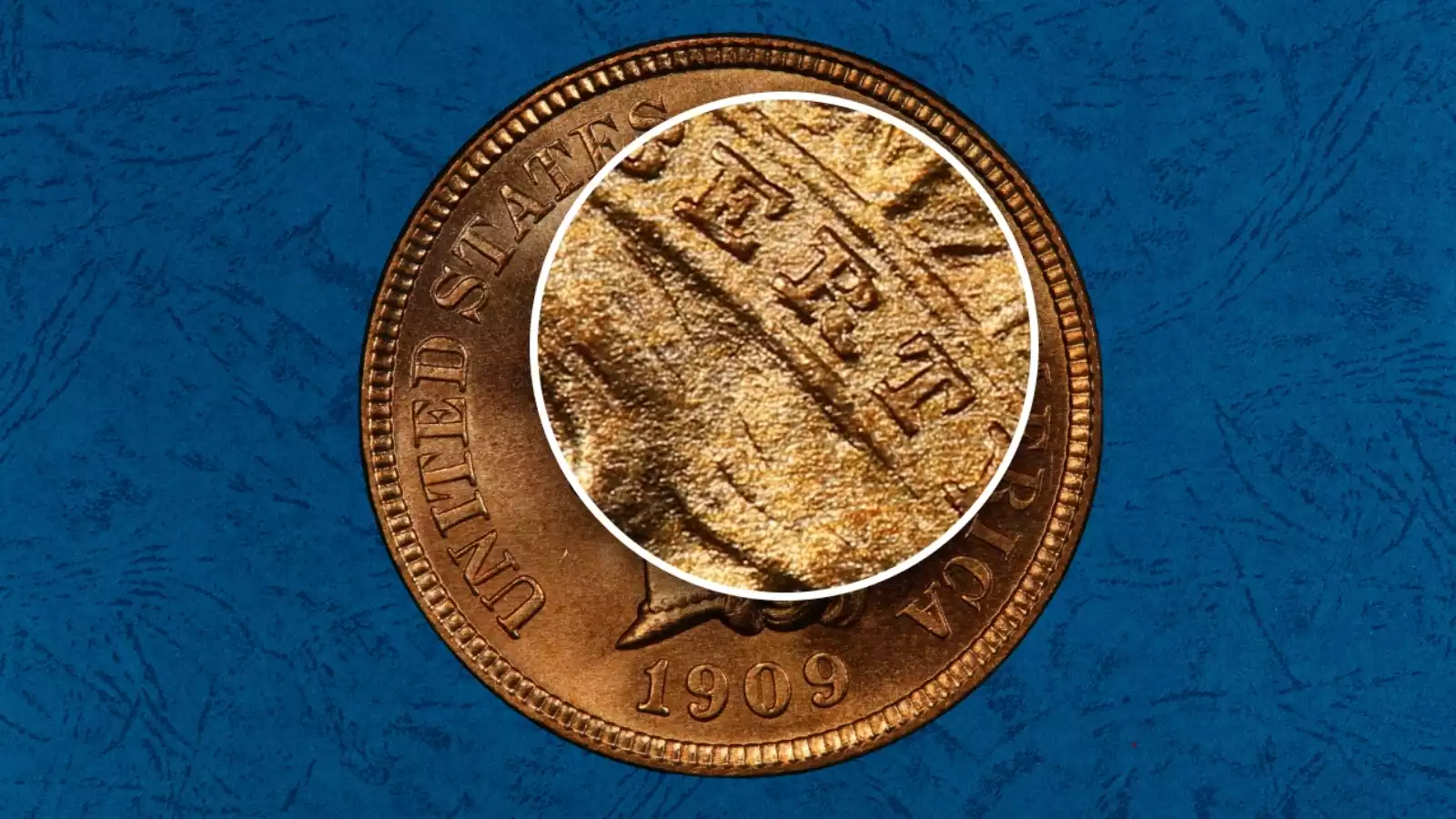 1909 Indian Head Penny Doubled Die Obverse (DDO) close-up showing doubling on LIBERTY headband inscription