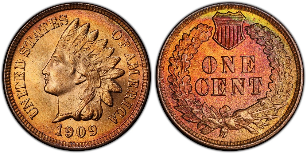 1909 Indian Head Penny Repunched Date (RPD) close-up showing ghost impressions on the 9 digits in the date