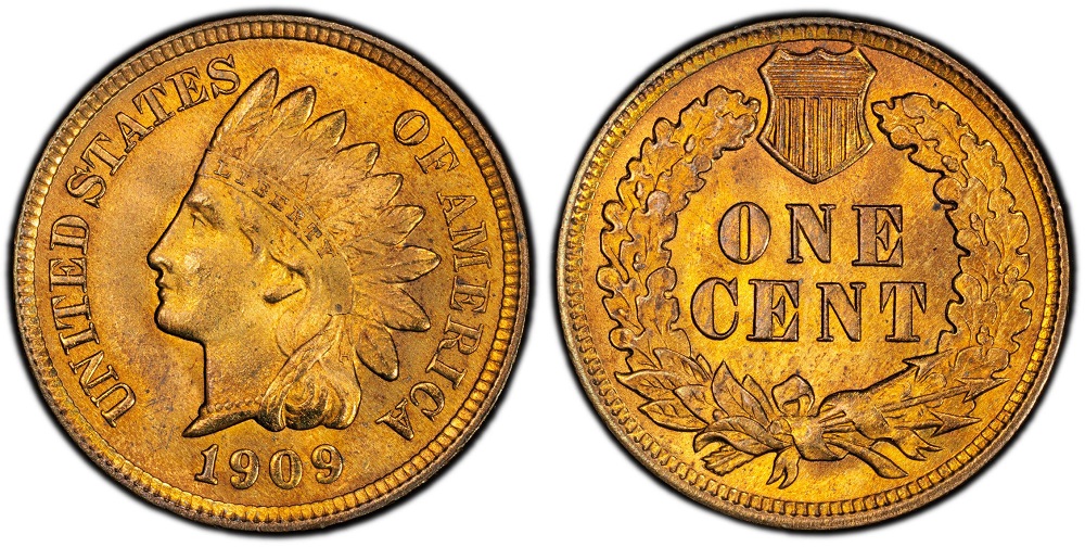 1909 Indian Head penny grading strip showing four coins in Good, Fine, About Uncirculated, and Mint State condition